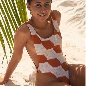 Aerie One Piece Orange / White Super Scoop Swimsuit